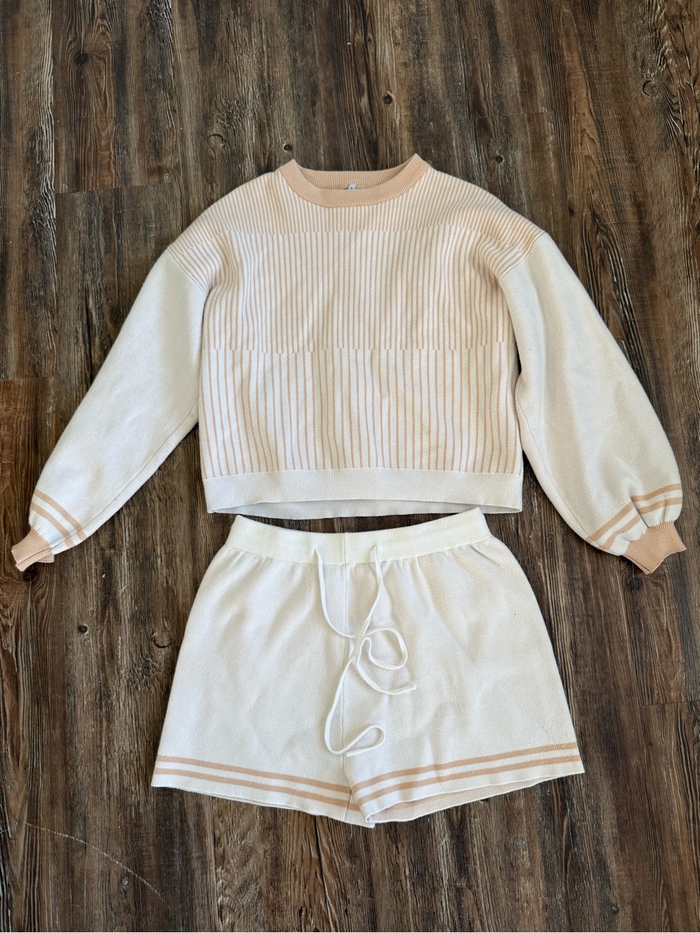 Cream and Beige Ribbed Knit Sweater & Shorts Set